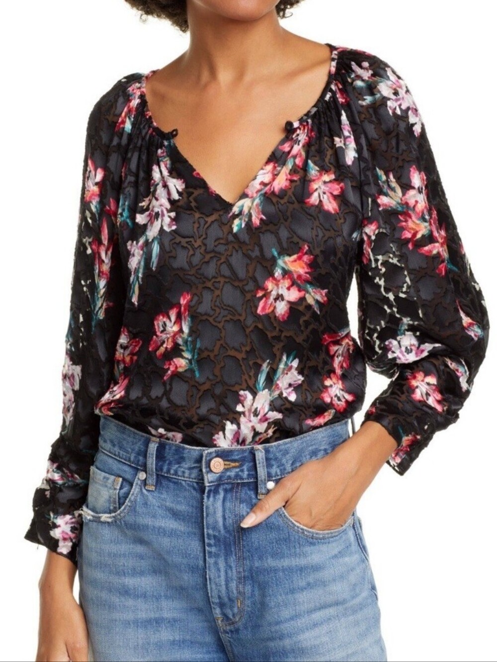 Rebecca Taylor Black Floral Long-Sleeve Blouse with Pink & White Blooms